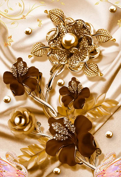 3D jewelry brown flower and golden pearls with swan, satin texture background