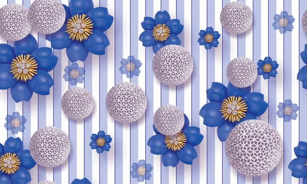 3D jewelry blue flower golden and 3d circle abstract background
