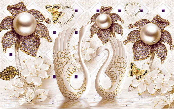 3D jewelry flower with swan and luxury background