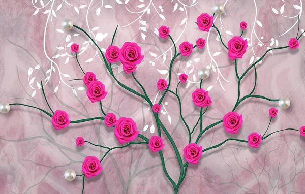 3D pink wallpaper green tree and pearls with background