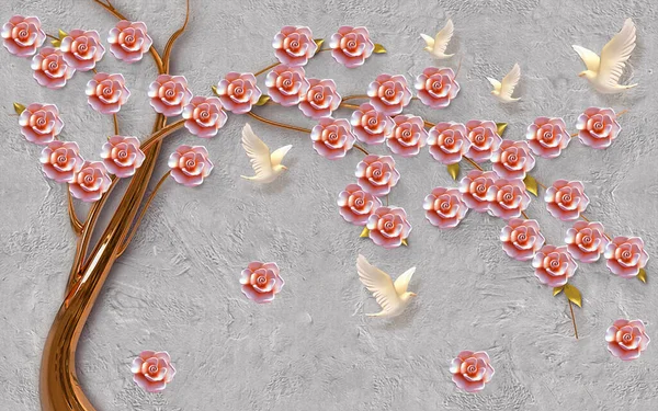 3D rose wallpaper and birds tree wallpaper texture background