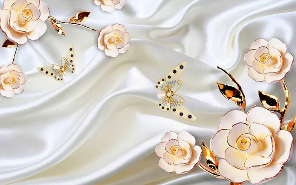 Tapéta Virág Arany Pillangó Szatén Háttér — Stock Fotó