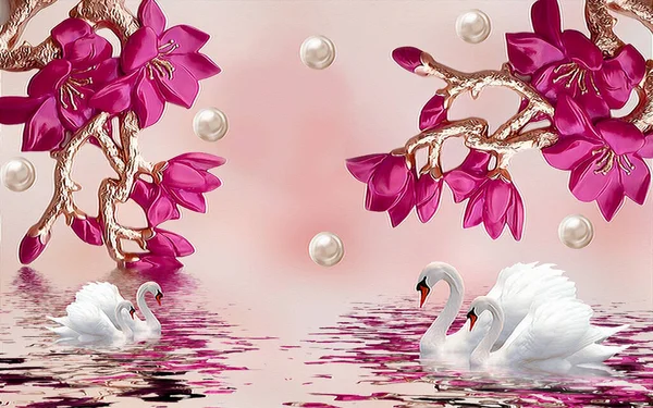 3D wallpaper and pink beautiful flower and swan, pearls nice background