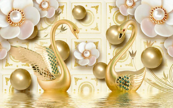 3D wallpaper and golden swan with pearls and seamless pattern background