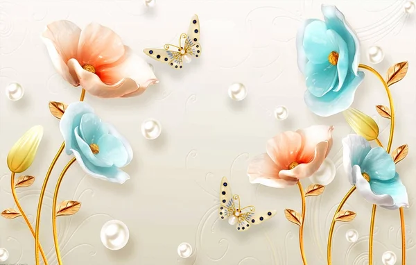 Duvar Kağıdı Güzel Çiçek Doku Kelebek Inci Elmas Tasarım — Stok fotoğraf