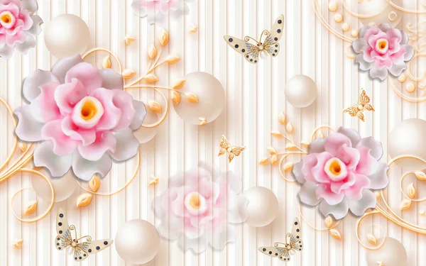 3d wallpaper beautiful pink flower, butterfly, pearl, diamond with texture background