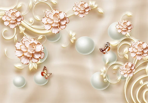 3D wallpaper flower and leaf, pearls nice background
