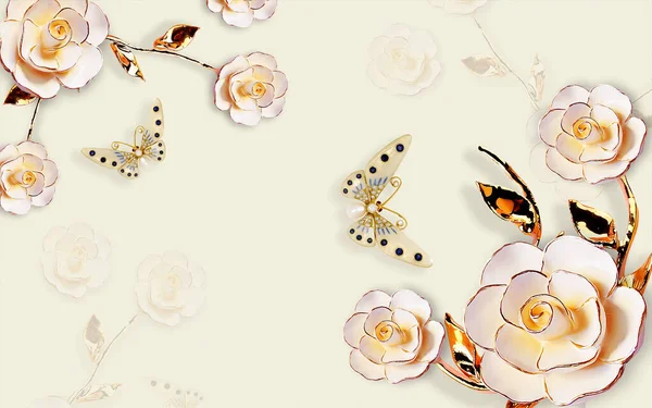 3D wallpaper flower golden and butterfly with nice background
