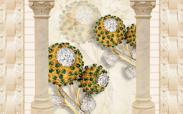 Wallpaper Golden Green Jewelry Brooch Gemstone Flower Marble Luxury Background — Stock Photo, Image