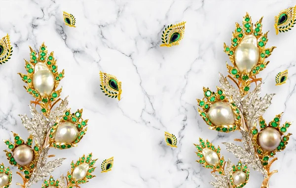 Papel Parede Broche Dourado Diamante Verde Com Mármore — Fotografia de Stock