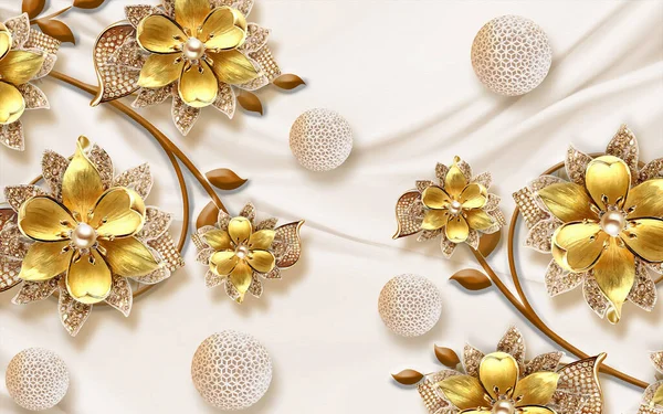 3D wallpaper jewelry flower and diamond with 3d ball satin texture