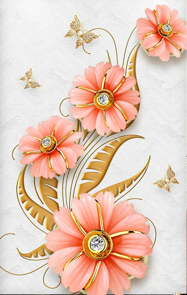 3D wallpaper jewelry flower golden with butterfly, diamond, texture background