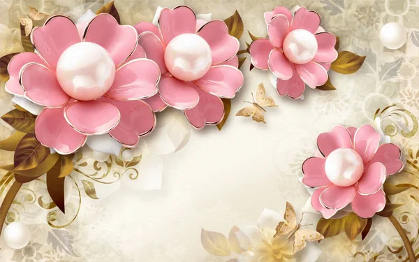 3D wallpaper jewelry flower and butterfly and yellow background