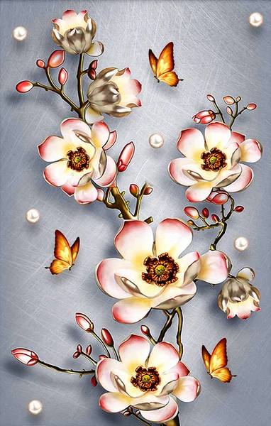 3D wallpaper lotus flower with light blue texture and pearl, butterflies