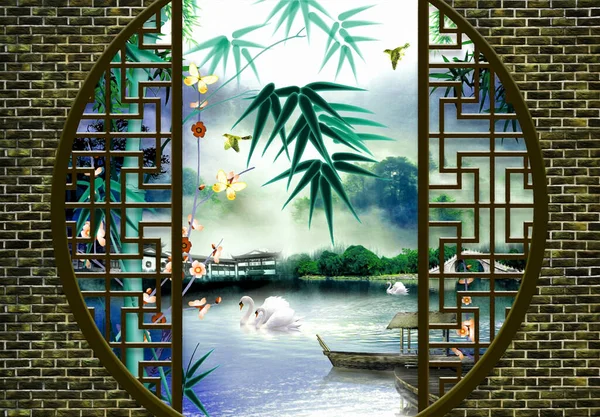 3D wallpaper murals flower and green leaf, swan and butterfly water background