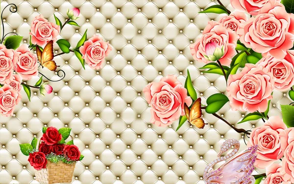 3D wallpaper red rose flower butterfly with luxury lather background