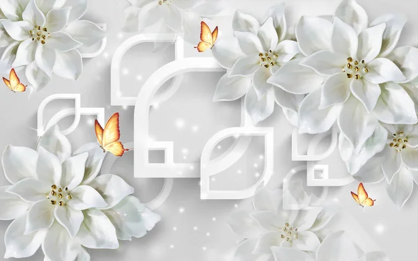 3D wallpaper white flower and butterfly with base