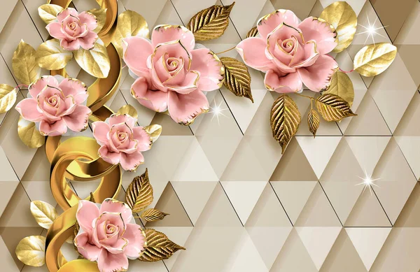 3D wallpaper rose golden flowers and golden leaf beautiful background design for interior