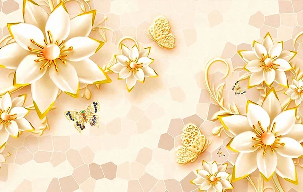 3D yellow flower and butterfly, diamond and background