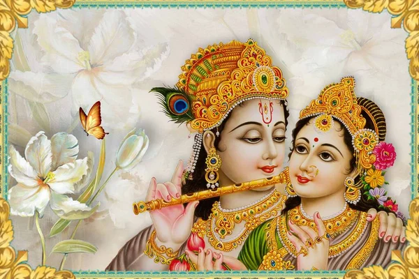 领主Rahe Krishna神Radhe Rani墙纸花和蝴蝶的表面 — 图库照片