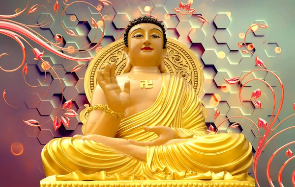 3D壁纸主Gautam Buddha和水的颜色 金色和红叶几何背景 — 图库照片