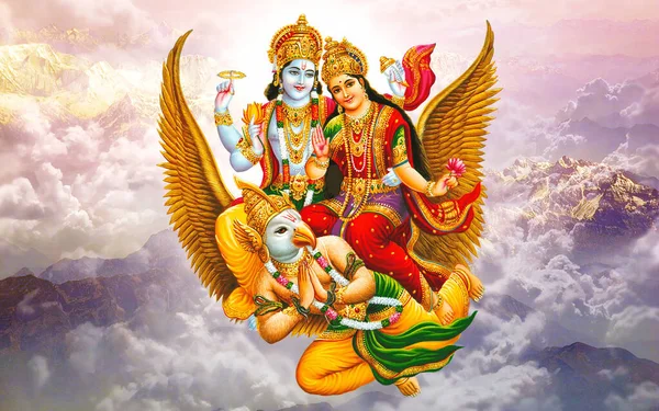 毗湿奴和拉克希米 吉印度教神和云壁纸 — 图库照片