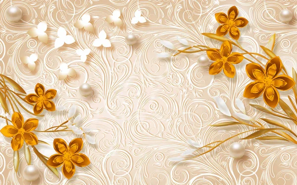3D beautiful golden flower wallpaper with texture background for surface