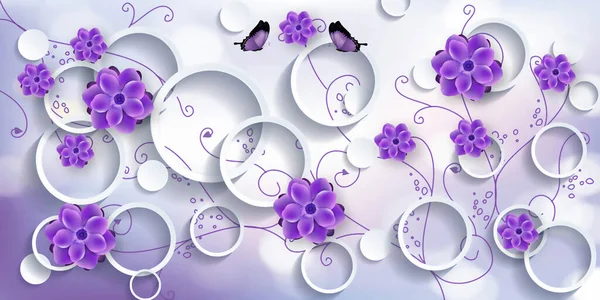 3D wallpaper beautiful purple flowers circle background and butterfly