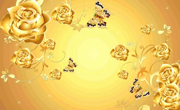 Golden Rose Flower Jewelry Butterfly Golden Background — Stock Photo, Image