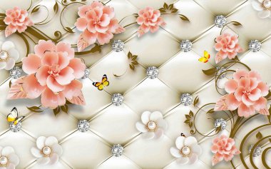 3d wallpaper design red flower and butterfly leather background for surface