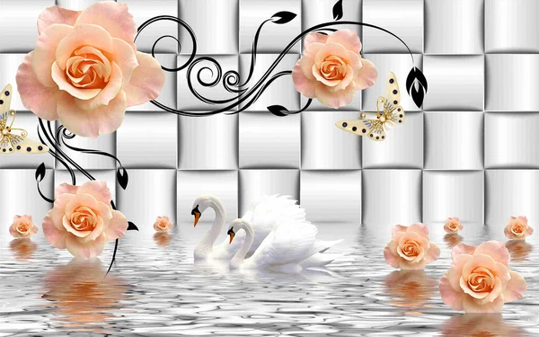 3D wallpaper fantastic design and swan, butterfly pattern background