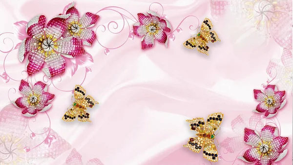 3D wallpaper jewelry flower design and butterfly and water color satin background