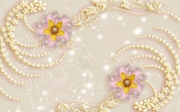 3d wallpaper jewelry flower golden and butterfly texture background for interior