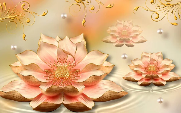 3D lotus flower wallpaper ,beautiful Illustration of golden and red Flowers illustration for surface design