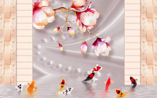 3D wallpaper design with murals florals and fish 3d abstract background