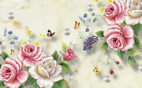 3d flower and butterfly and pearls marble texture home interior wallpaper