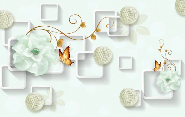Fiori Verdi Farfalla Sfondo Quadrato Bianco Carta Parati Pareti — Foto Stock