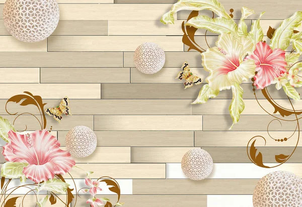 Tapety Květiny Motýl Dřevěné Cihly Pozadí — Stock fotografie