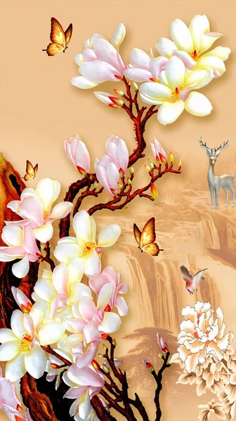 3D wallpaper murals flower and butterfly and deer with background