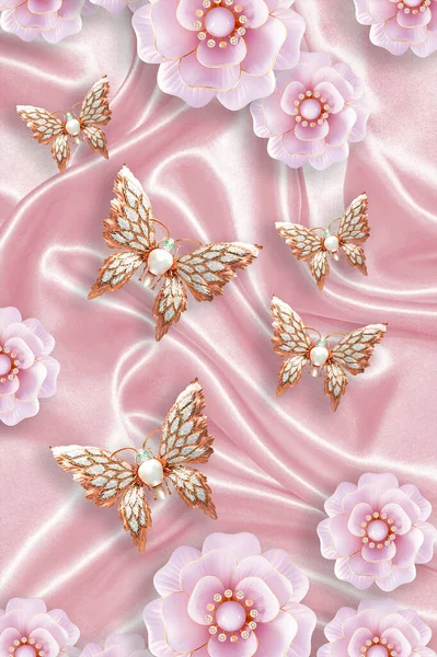 3D butterfly wallpaper and pink flower with satin texture beautiful design