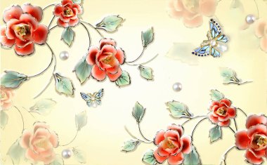 3D Red flower beautiful design and butterfly, pearls abstract wallpaper