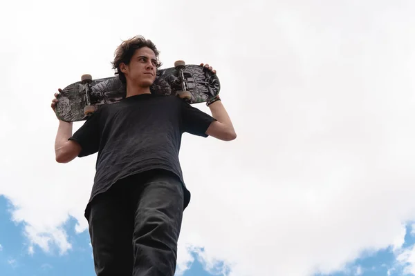 Young Roller Skater Boy Posing Standing Park Big Sky Background — Stockfoto