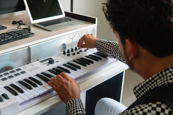 Musician Working His Keyboard His Laptop Side Wearing Black White — Zdjęcie stockowe