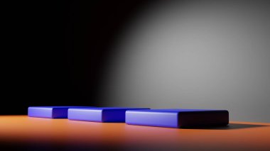 Güçlü bir ön ışığı olan üç kare tabanın yan görüntüsü. Turuncu zeminde mavi rengin kare tabanları. Siyah arka plan. Ön ışık. Ürünleri sergilemek için yer. 3 boyutlu görüntüleme. 3B illüstrasyon.