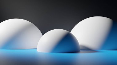 3 boyutlu görüntüleme. Yüksek kalite 3D çizim. Boş bir odada üç yarım küre ve soldan yansıtılan bir ışık. Geometrik şekilli soyut bir alan. Arkasında siyah arkaplan olan tuşla