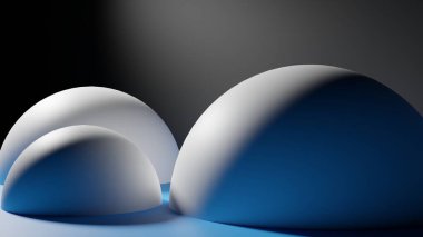 3 boyutlu görüntüleme. Yüksek kalite 3D çizim. Mavi bir zeminde üç beyaz kürenin olduğu bir arka plan. Siyah duvar. Arka ışık yansıyor. Geometrik cisimlerle arkaplan.