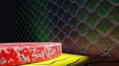 3 boyutlu görüntüleme. Üç boyutlu illüstrasyon. Ürünleri sergileyebileceğiniz ve yerleştirebileceğiniz bir platform. Metalik dokuları olan yuvarlak platformlar. Fütürist estetik senaryosu. Showroom nerede?