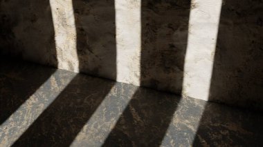 3D görüntüleme. Üç boyutlu illüstrasyon. Yukarıdan görünen bir oda. Duvarlar çimento ve betondan yapılmıştır. Oda, dikey çizgiler oluşturan bir pencereden ışık alıyor. Modeller veya ürünler için düzenlenebilir alan