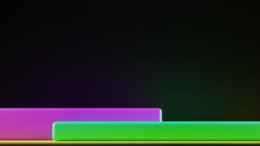 Renkli kare platformlar, genel ışıklandırma ve modelleri göstermek ve yerleştirmek için yer var. Platformlarda yeşil ve mor renkler var. Sarı zemin. Renkli sergi 3D tasarımı. 3B illüstrasyon.