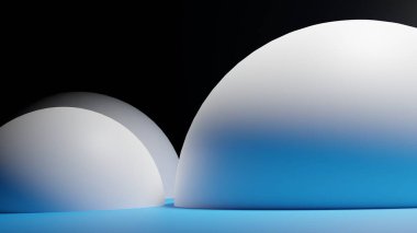 3 boyutlu görüntüleme. Üç boyutlu illüstrasyon. Üç beyaz yarım kürenin detaylı çekimi. Podyum üç özden oluşur. Mavi kat. Siyah arka plan. En üstteki ışık. Üç platform.